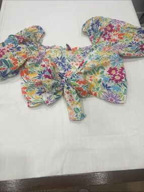 🔥🔥Floral Tie-Front Puff Sleeve Crop Top - Multicolor